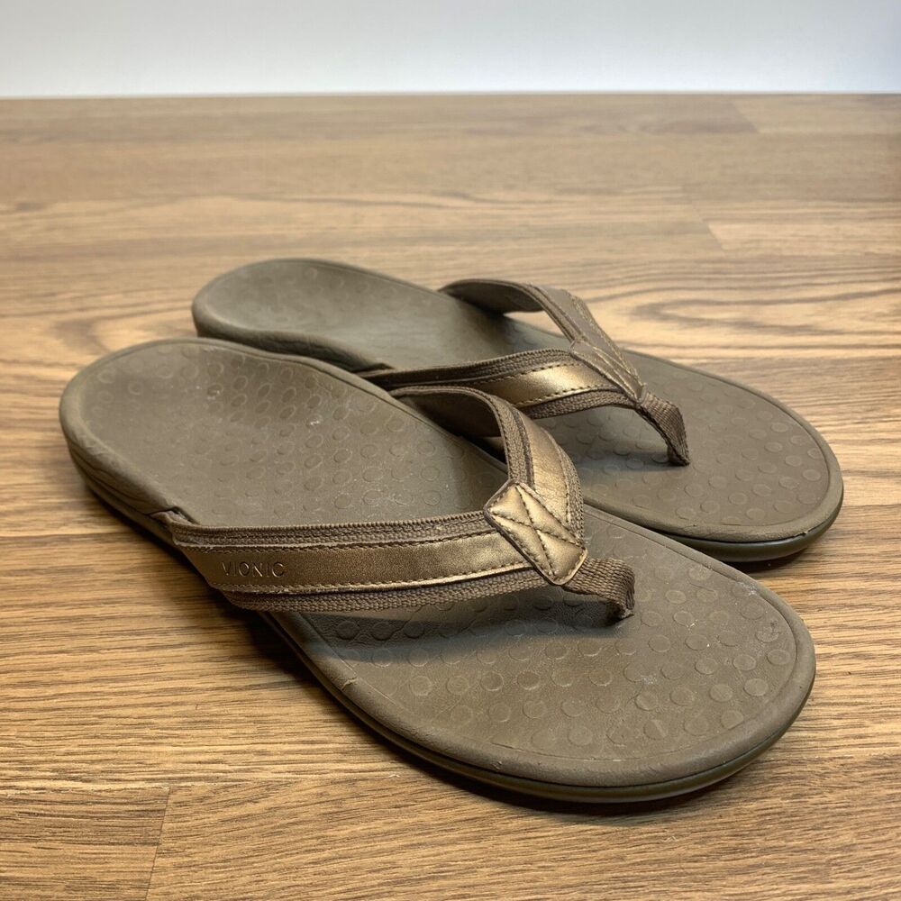 VIONIC Tide II Womens Size 9 Bronze Metallic Leather Orthaheel Flip Flop Sandals